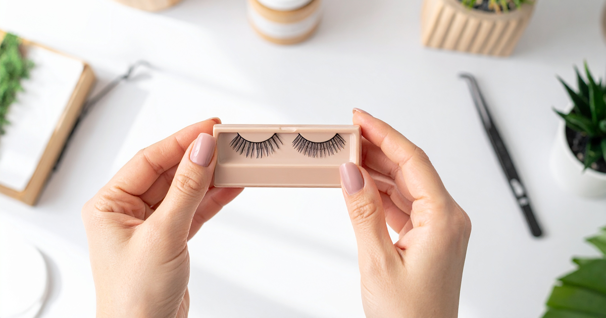 Hender som holder et par bærekraftige veganske løsvipper i miljøvennlig emballasje, vist på et minimalistisk skrivebord med planter, som fremhever populære materialer i 2025 skjønnhetstrender.