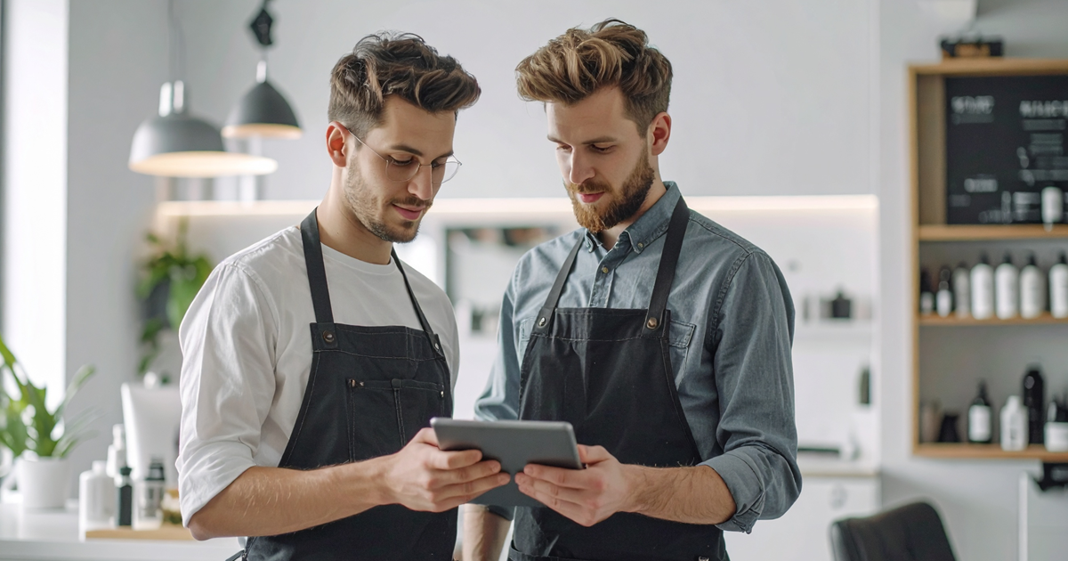 To frisører i en moderne norsk salong som ser tenksomt på et nettbrett med AI-basert håranalyse, i et lyst og minimalistisk interiør.